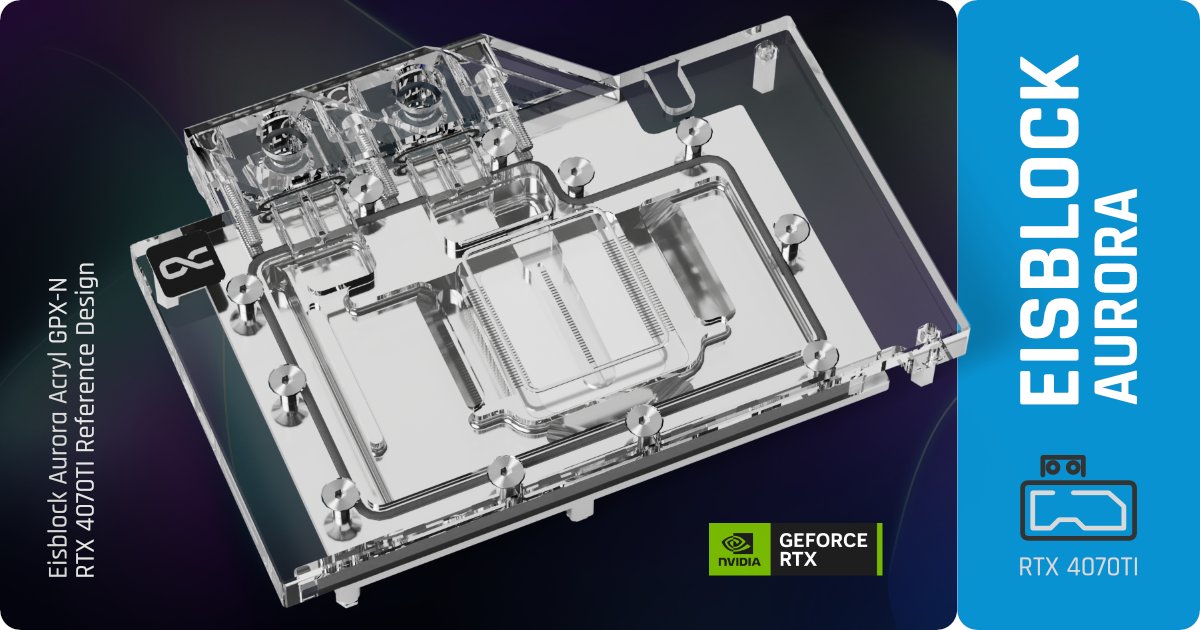 alphacool's tweet photo. Now also more performance for RTX 4070Ti #GPUs! With the #Eisblock Aurora cooler, #Alphacool presents a new, innovative solution for active #watercooling of @nvidia's #Geforce RTX #4070Ti graphics cards in reference design. Click here for our offer >>> https://t.co/MC6tL95CLT https://t.co/qZgdVNGMdI