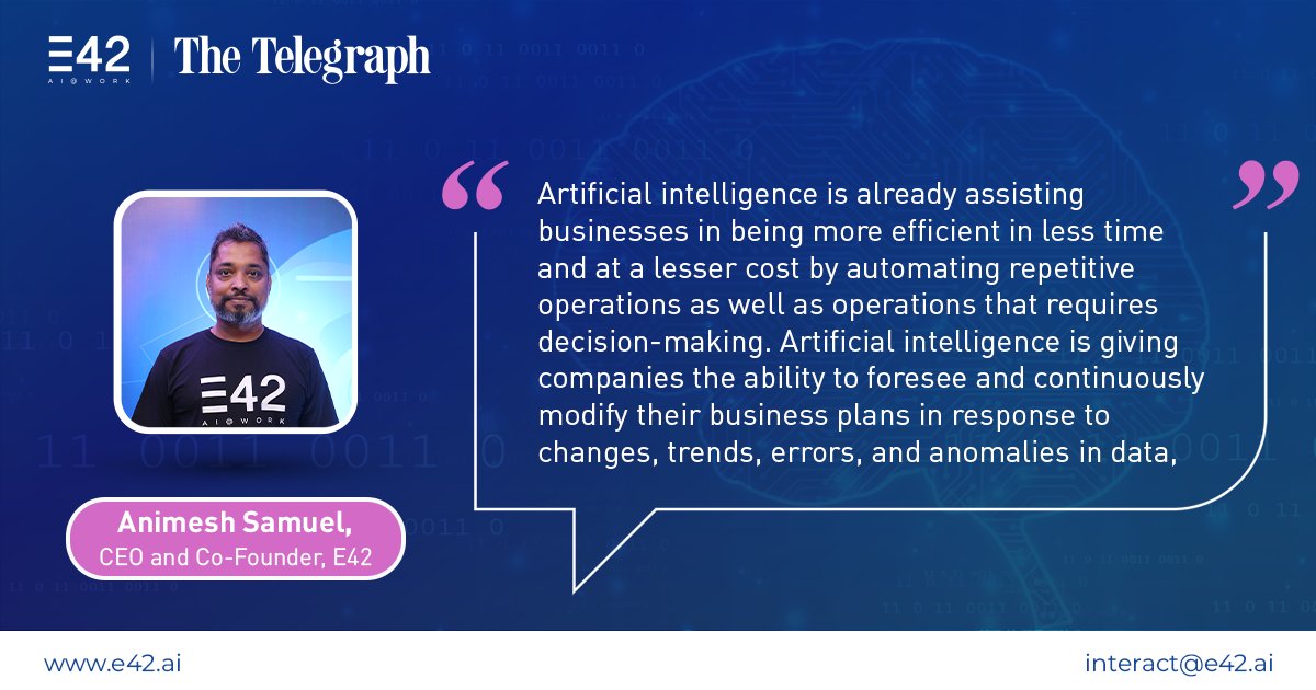 E42_ai's tweet photo. In this interaction with @ttindia, @animeshsamuel, our CEO and Co-Founder delves deep into how #AI is being a catalyst for #digitaltransformation for enterprises &amp; #E42’s contribution to the area! https://t.co/9D2YanCNcq #ArtificialIntelligence #IntelligentAutomation https://t.co/uitsDpVtFy