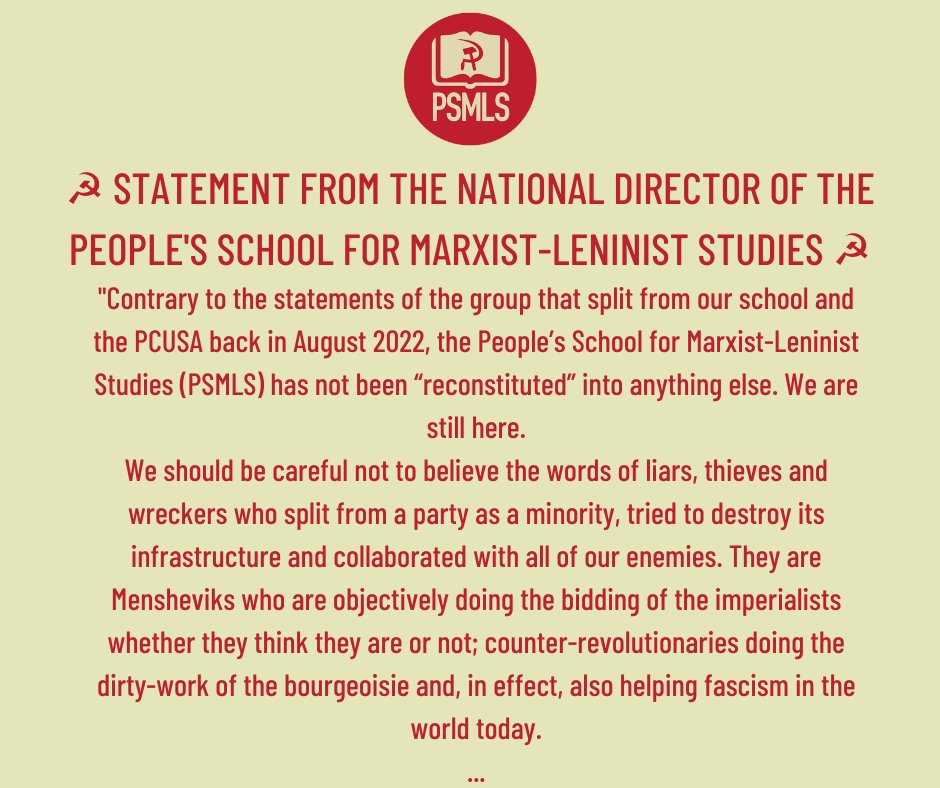 PeoplesSchoolUS's tweet image. ☭ STATEMENT FROM THE NATIONAL DIRECTOR OF THE PEOPLE&apos;S SCHOOL FOR MARXIST-LENINIST STUDIES ☭

#PSMLS #PeoplesSchool #PCUSA #Socialism #Communism #Bolshevism #Marxism #Leninism #MarxismLeninism