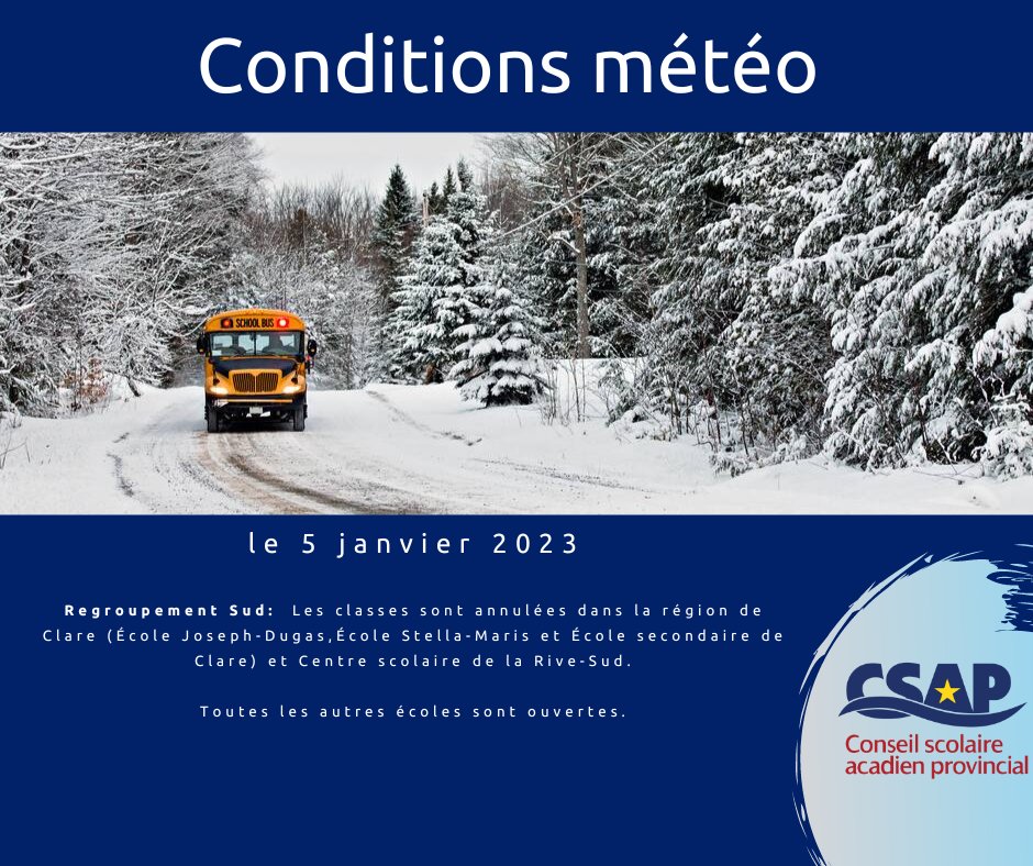Annulations des classes - 5 janvier 2023

Les classes sont annulées dans la région de Clare et de la Rive-Sud: 

- École Joseph-Dugas
- École Stella-Maris
- École secondaire de Clare
- Centre scolaire de la Rive-Sud

Toutes les autres écoles sont ouvertes.