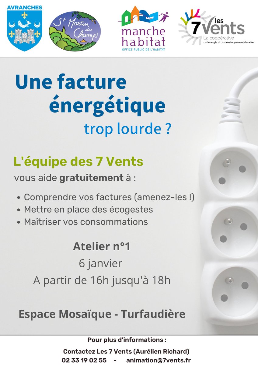 Organisé en janvier, février et mars, trois ateliers ont été mis en place autour de l'énergie afin de réduire vos consommations d'énergies. Apportez vos factures! Vendredi 6 janvier de 16 h à 18 h, Avranches, + d'infos; 02 33 19 02 55 #économiedénergie #factureénergie