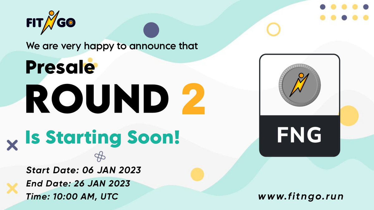 🎉 We are very happy to announce that Fit N Go $FNG Presale Round 2 is starting from 06 JAN 2023, 10:00 AM UTC

⚡$FNG has multiple use cases. Reward, NFT, Metaverse, Staking, Gaming and many more.

✨ For more information visit website:
fitngo.run

#FNG #BSC #Crypto
