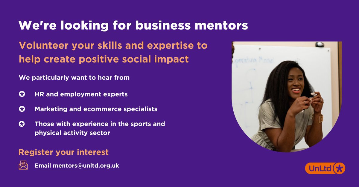 Ready to use your skills for positive social impact? 

We're looking for business mentors with expertise in the following areas 

- #HR and employment 
- Marketing and #eCommerce (digital marketing and social media in particular) 
- The sports and physical activity sector