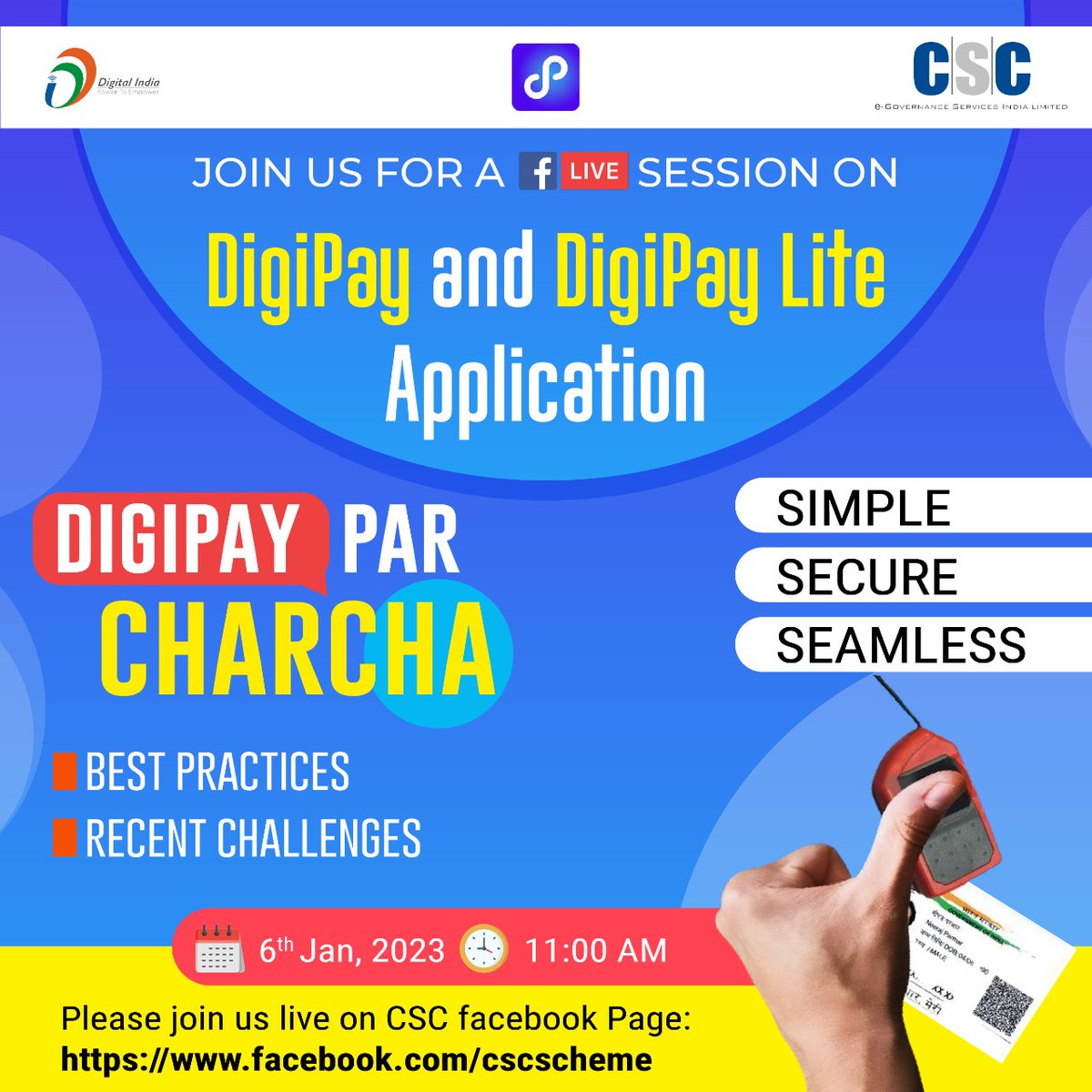 CSCegov_'s tweet photo. A Session on DigiPay and DigiPay Lite Application...

#DigiPay Par Charcha...

Join us LIVE on the #CSC Facebook Page, on 6th January(Friday) at 11 AM.

#DigitalIndia #RuralEmpowerment #DigiPayParCharcha #DigiPayLiteApp https://t.co/L1QjYwBAEu