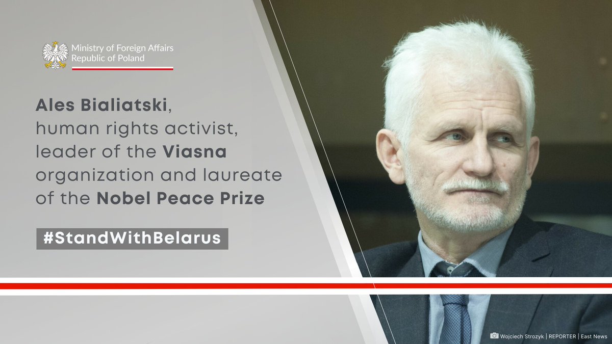 PolandMFA's tweet photo. Today begins the trial of Ales Bialiatski, Nobel Peace Prize laureate and a tireless defender of human rights.

The 🇵🇱 MFA condemns human rights violations and calls on the Belarusian authorities to release Ales Bialiatski along with the other political prisoners. https://t.co/4iCfFYLvEh
