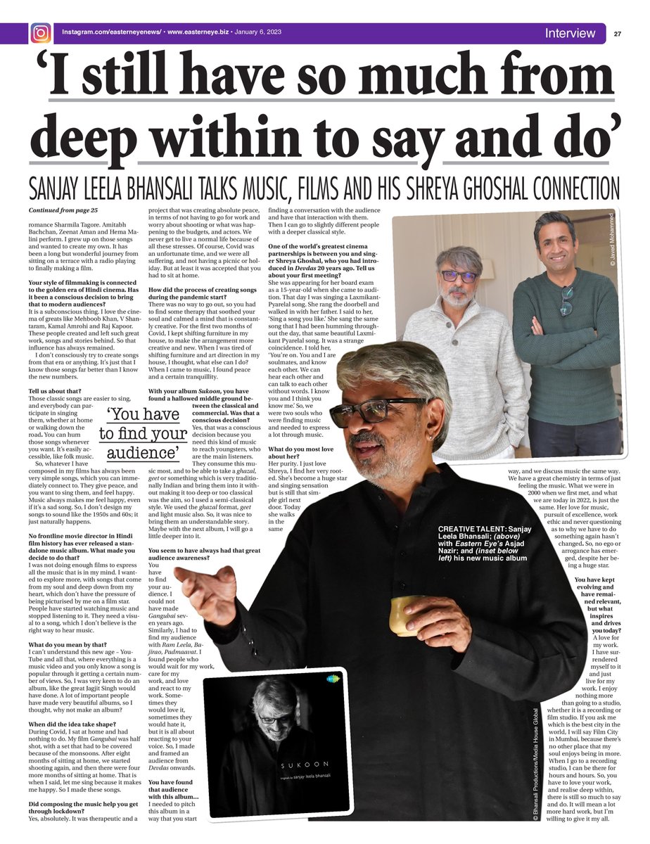 asjadnazir's tweet photo. My cover interview with ace film director and musician #SanjayLeelaBhansali on his amazing career and admiration for Bollywood music queen #ShreyaGhoshal (story of how they first connected is brilliant)
ONLINE LINK: https://t.co/tqGMyOvcBE https://t.co/psg43Z2ZBg