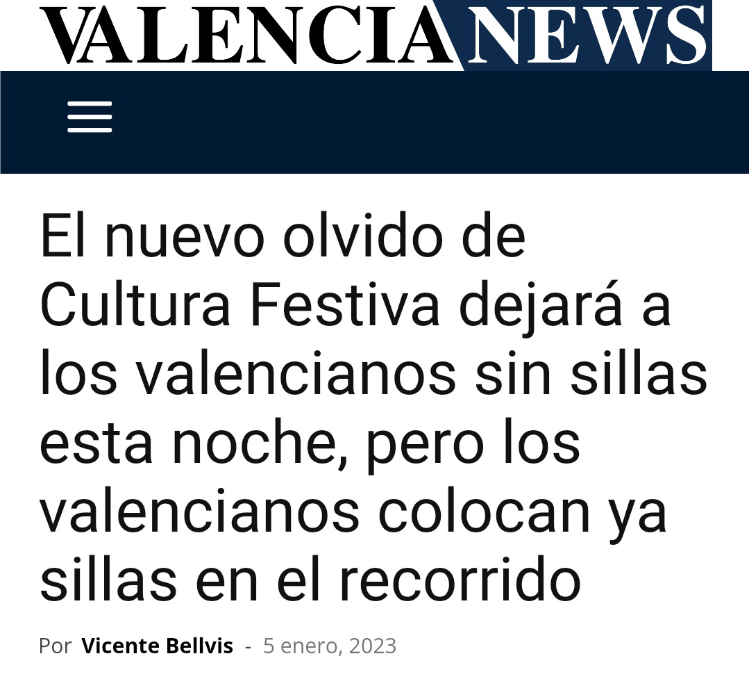 valencia_unida's tweet photo. ⛔ "Magas republicanas", 700 sillas. Cabalgata de Reyes, 0 sillas.

😡 De todos depende que esta sea la última Cabalgata de Reyes organizada desde la desidia y la mala gana por @joanribo @carlosgaliana.

💙 Para #LizondoAlcalde los ciudadanos y las tradiciones son importantes. https://t.co/TkJAT4qMnV