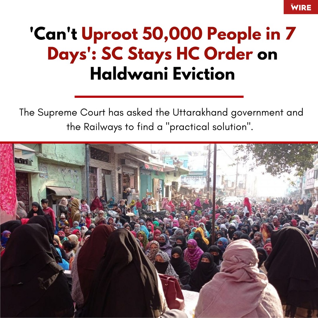 The Supreme Court posted the matter to February 7, 2023, asking the Uttarakhand government and the Railways to find a “practical solution”.

#HaldwaniEncroachment  #HaldwaniEviction  #sc #SupremeCourt  #supremecourtofindia #supremecourtindia