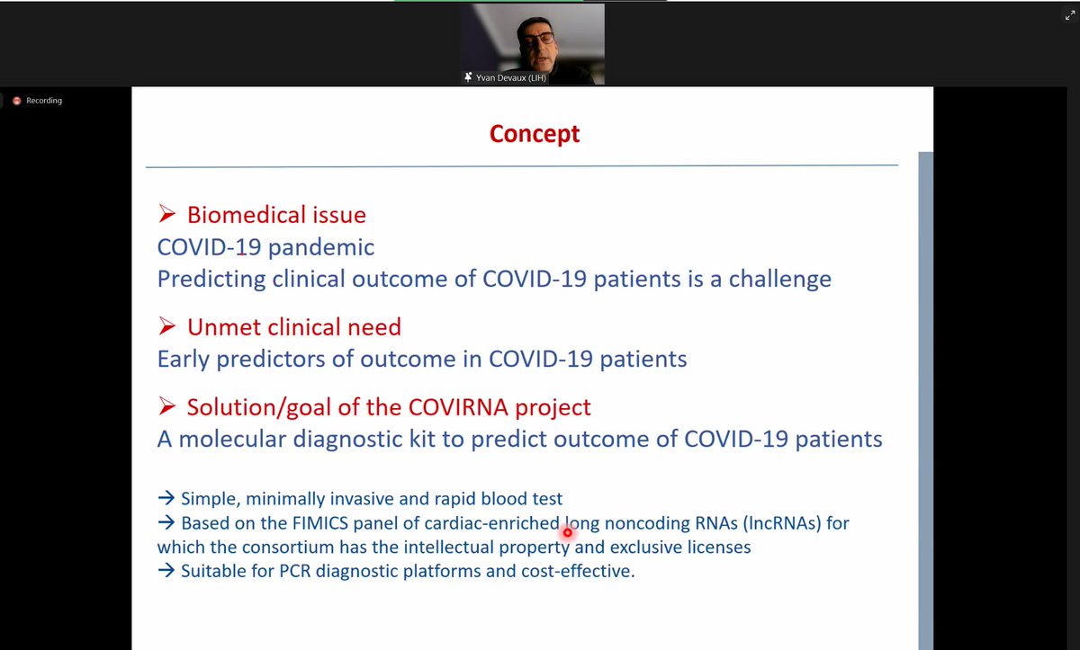 Covirna_EU's tweet photo. Dr Yvan Devaux from @LIH_Luxembourg is now presenting the #COVIRNA project that aims to predict the #clinical outcome of patients infected by #COVID19 through a molecular diagnostic kit.
#COVend #ENVISION #unmetclinicalneeds https://t.co/XfEe8QEX0N