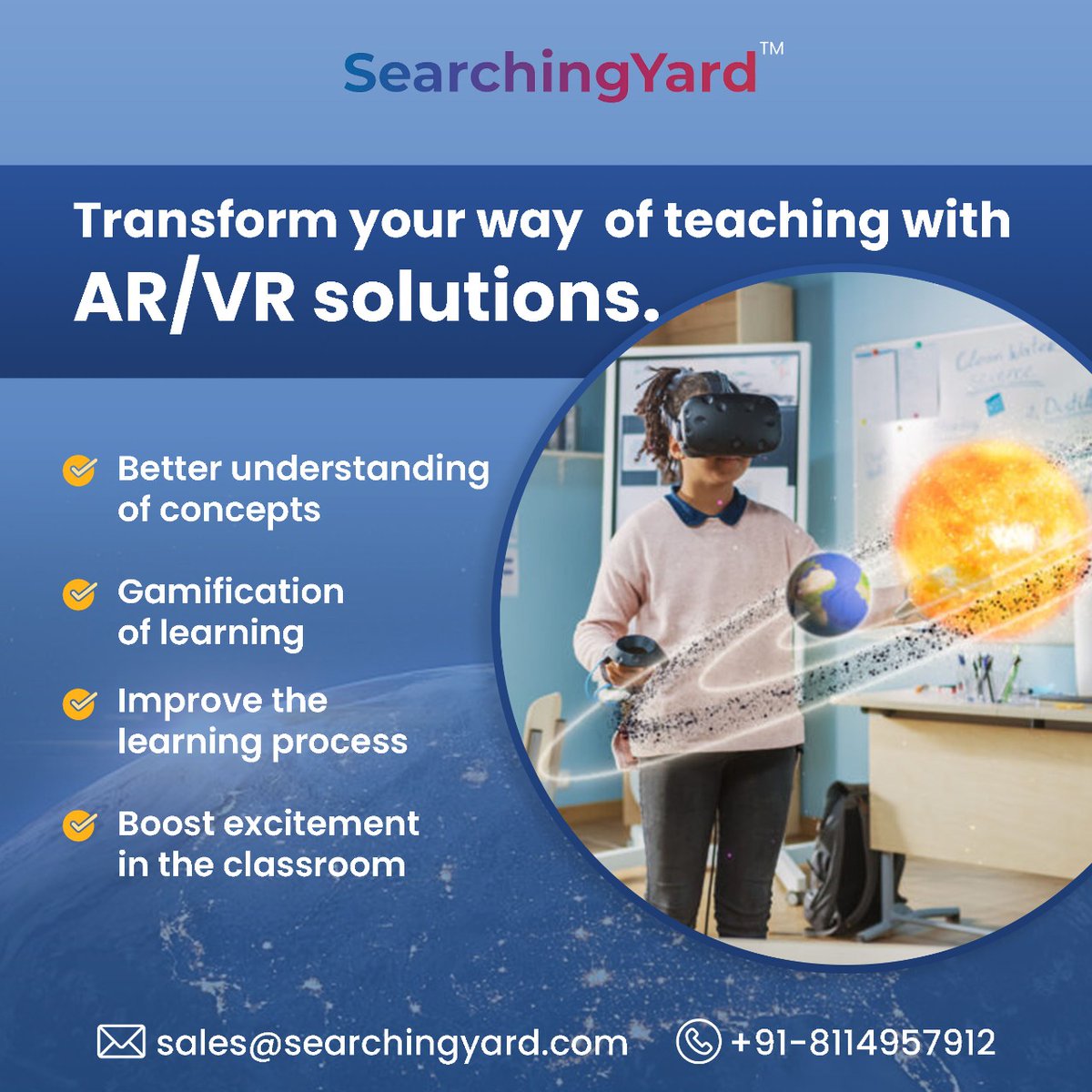 YardSearching's tweet photo. Make your way of teaching more attractive and smart with AR/VR solutions and give your students the best study experience ever.
Contact us today:
𝐌𝐚𝐢𝐥: sales@searchingyard.com
#godigitalwithsearchingyard #ar #vr #arsolutions #vrsolutions #arvr #arvrforeducation https://t.co/iHyH1cvUpx