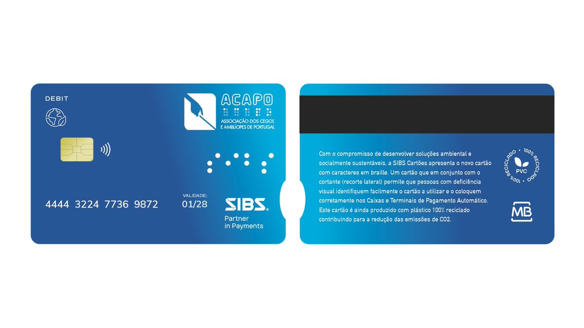 techbitpt's tweet photo. SIBS lança o primeiro cartão para pessoas com deficiência visual certificado pela ACAPO

Leia a notícia completa: 
 https://t.co/a8ozh86Loa

 #Atualidade #acapo #inovacao #portugal #sibs #sustentabilidade https://t.co/tAnuXltfHj