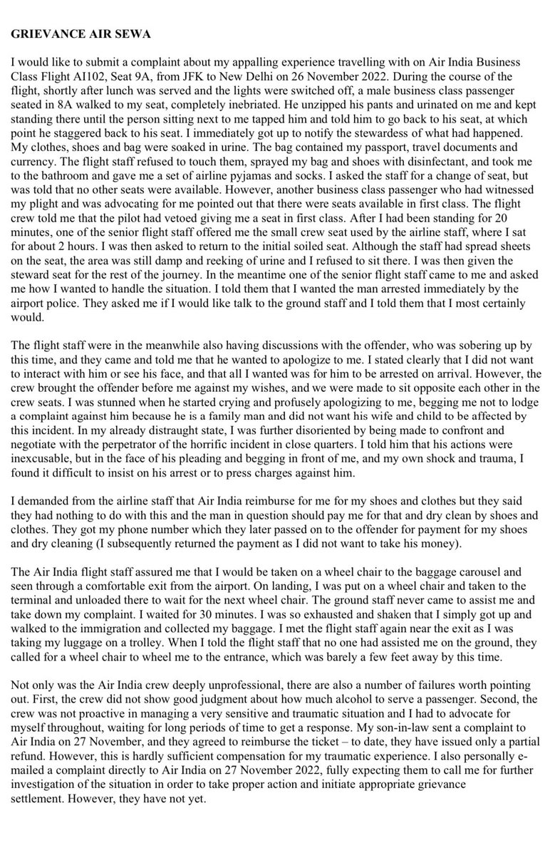 Akshita_N's tweet photo. Scathing indictment of @airindiain and their terrible handling of the urinating incident on board their flight. Read the victim’s full statement here: https://t.co/9GfmhYLIUc