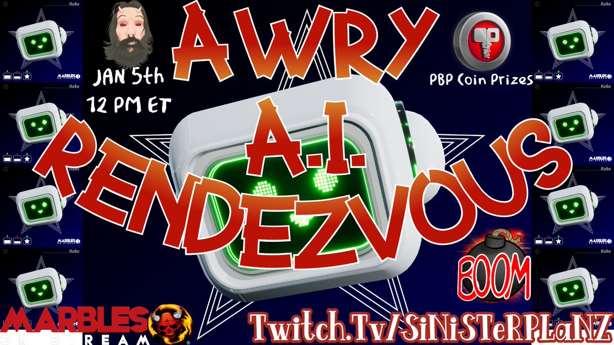 SiNiSTeRPLaNZ's tweet photo. 🤖Awry A.I. Rendezvous #Event🤖
👉JAN 5TH - 12 PM ET - https://t.co/fPFqVKdxDx
💥Win #MarblesOnStream #PBPCoin #Prizes
💥Music, Mayhem, and #Marijuana
💥#Marbleverse Mania #NFTCommunity #Giveaways
☮️#RealOnes Like & Retweet
🔥#HotnessWorthSpreading https://t.co/kfNuWrACBR