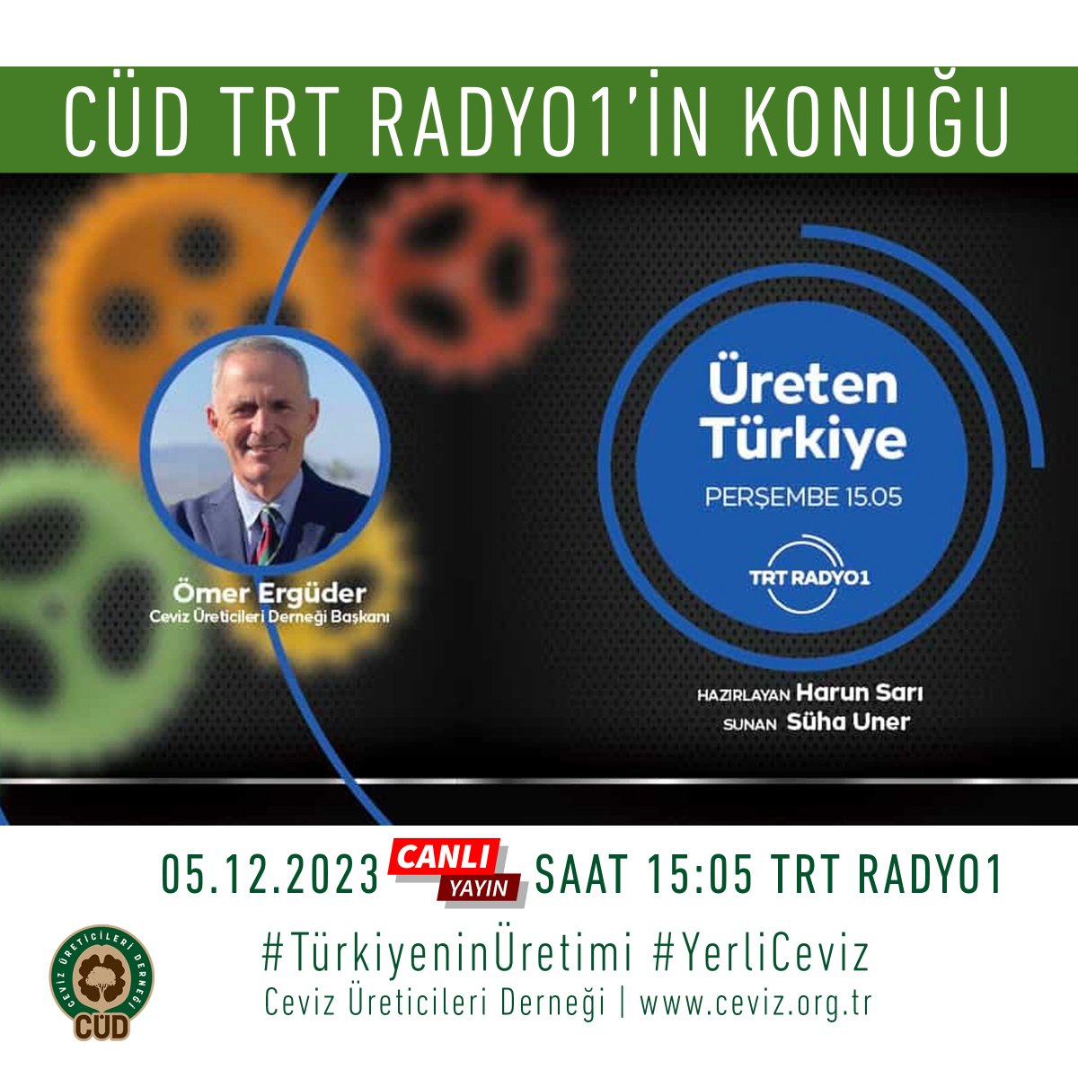 #TürkiyeninÜretimi #YerliCeviz
#CevizUreticileriDernegi eş başkanı Ömer Ergüder, TRT Radyo1'de <a href="/trtradyo/">TRT Radyo</a> Harun Sarı'nın hazırladığı ve Süha Üner'in sunduğu ÜRETEN TÜRKİYE programına konuk olacak.

Tarih: 05.12.2023 Saat: 15:05
trtdinle.com/channel/radyo-…