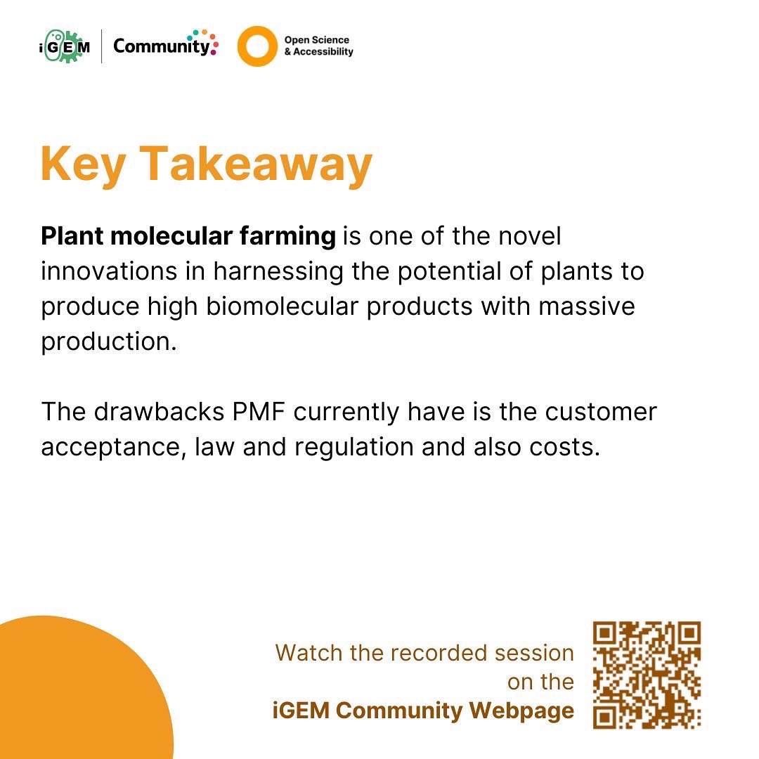 iGEMCommunity's tweet photo. Key takeaway from the previous Lens on Labs with Dr. Sawitri discussing about the plant molecular farming and its future prospective.
Watch the recorded session and previous lens on labs sessions on the iGEM Community webpage!
#osca #lensonlabs #igem #iGEMcommunity https://t.co/j9AthJ7qh0