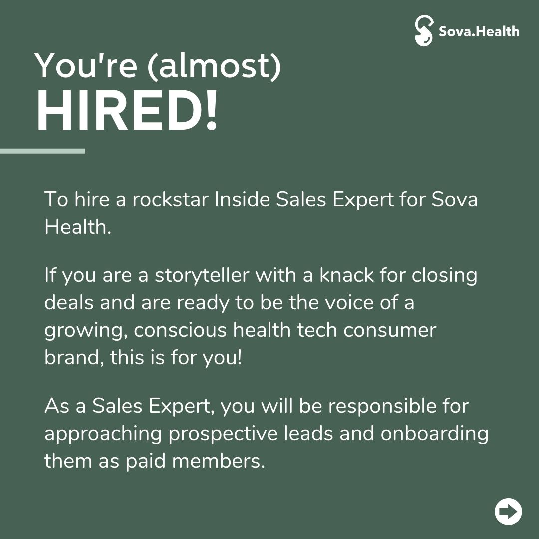 sovahealth's tweet photo. New year, bigger team! We're growing rapidly, and to support us, sova is now hiring an Insides Sales Specialist.

If you think you're the right person, send your cv to dhaval.parekh@sova.health

#hiring #sovahealth https://t.co/hfuBLJ725j