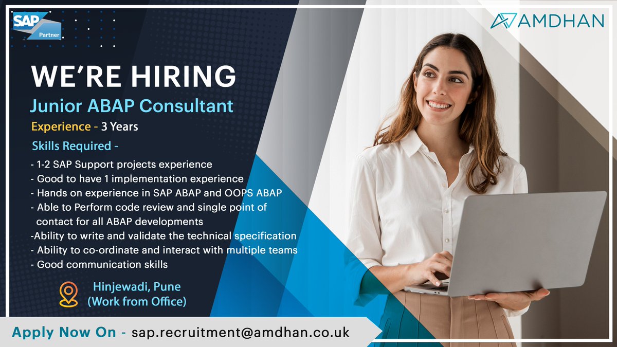 AmdhanLTDUK's tweet photo. #AmDhan is inviting applications for the Junior ABAP Consultant vacancy.
Apply Now On - sap.recruitment@amdhan.co.uk
#hiringpost #vacancy #hiring #abapdeveloper #abaponhana #abap #ABAPconsultant #sapabap #sapabapconsultant #sapabapdeveloper #sapabaponhana #recruitment #job #sap https://t.co/5EXwASTQ4P