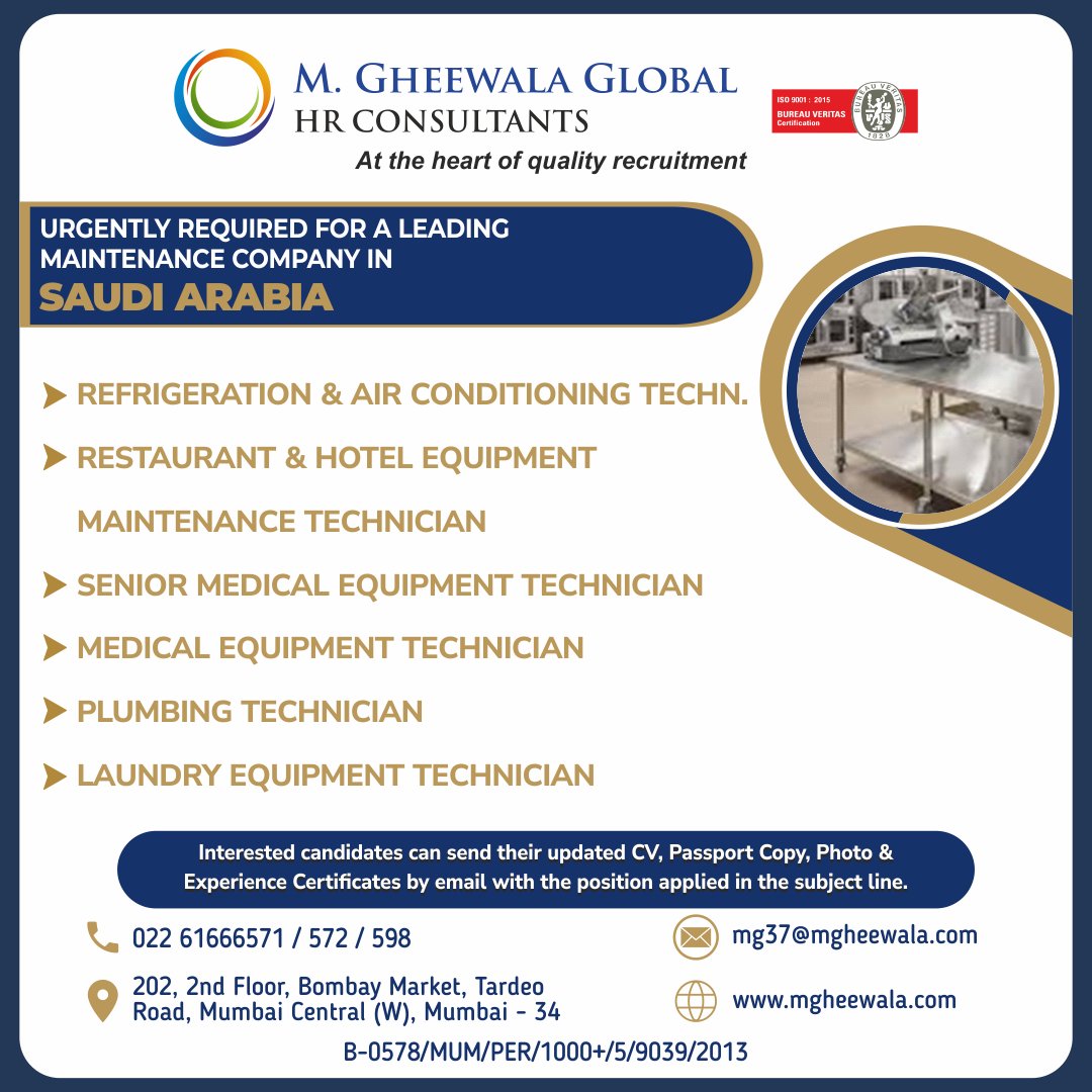 mgheewala_hrc's tweet photo. Job Vacancies for #Saudiarabia

Interested Candidates can send the updated resume to mg37@mgheewala.com

Learn More https://t.co/Ps4bxv2mB1

#maintenance #technician #refrigiration #airconditioning #actechnician #equipmenttecnician #plumbingtechnician #laundryequpment #saudijobs https://t.co/t2PF4J4M2V