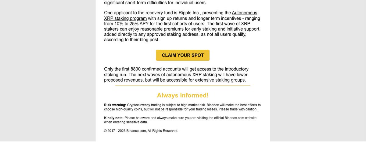 FinTechReport's tweet photo. ⚠️WARNING⚠️ XRP EMAILS 

Fake emails are going around of @Binance partnering with @Ripple to start a new #XRP program.

This looks VERY legit so please RT this so everyone can be made aware.

#crypto #btc #eth #xrp #ripple  

The FinTech Report https://t.co/Fp2ARftQCL
