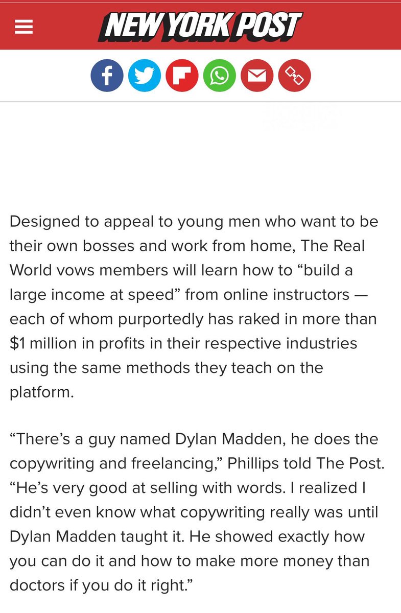 Dylanmadden's tweet photo. Just saw a New York Post article on the positive impact of The Real World:

“I realized I didn’t even know what copywriting really was until Dylan Madden taught it. 

He showed exactly how you can do it and how to make more money than doctors if you do it right.” https://t.co/twufj66n7U