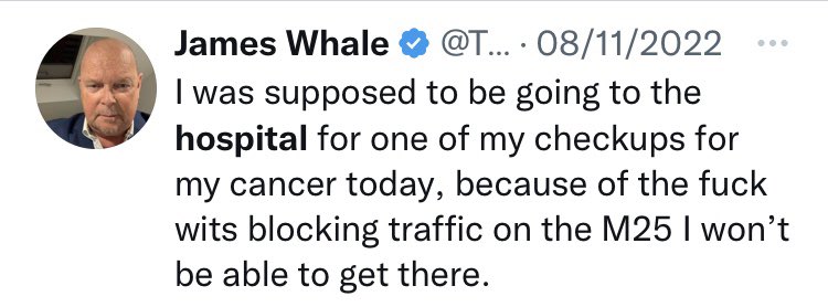 <a href="/THEJamesWhale/">James Whale MBE.</a> Funny that James, because when the protesters were blocking the M25 you chose to drive to hospital. Now you are choosing to use a train on a strike day instead 🙄