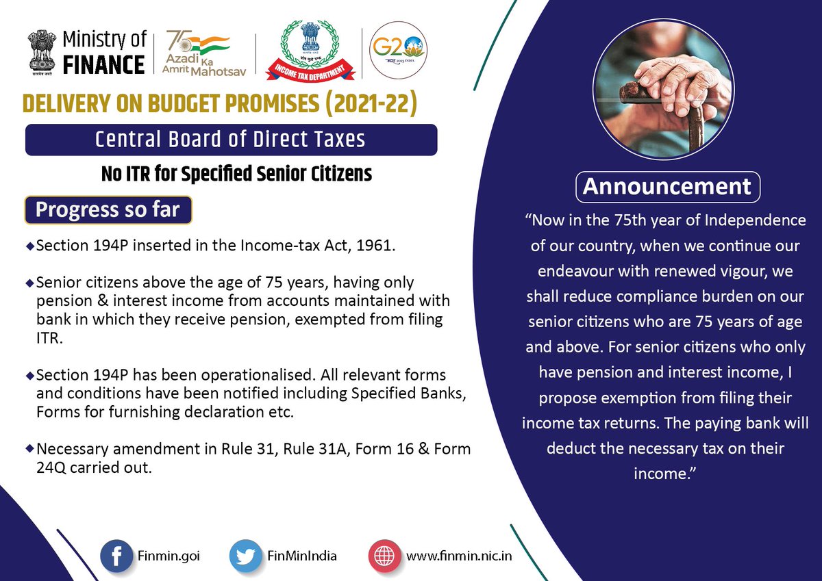 FinMinIndia's tweet photo. Relief for Senior Citizens!

Section 194P inserted in IT Act, 1961 exempting senior citizens above 75 years of age, having only pension &amp; interest income, from filing ITR. Specified banks &amp; relevant forms notified.

#PromisesDelivered https://t.co/KHQOIyQabr