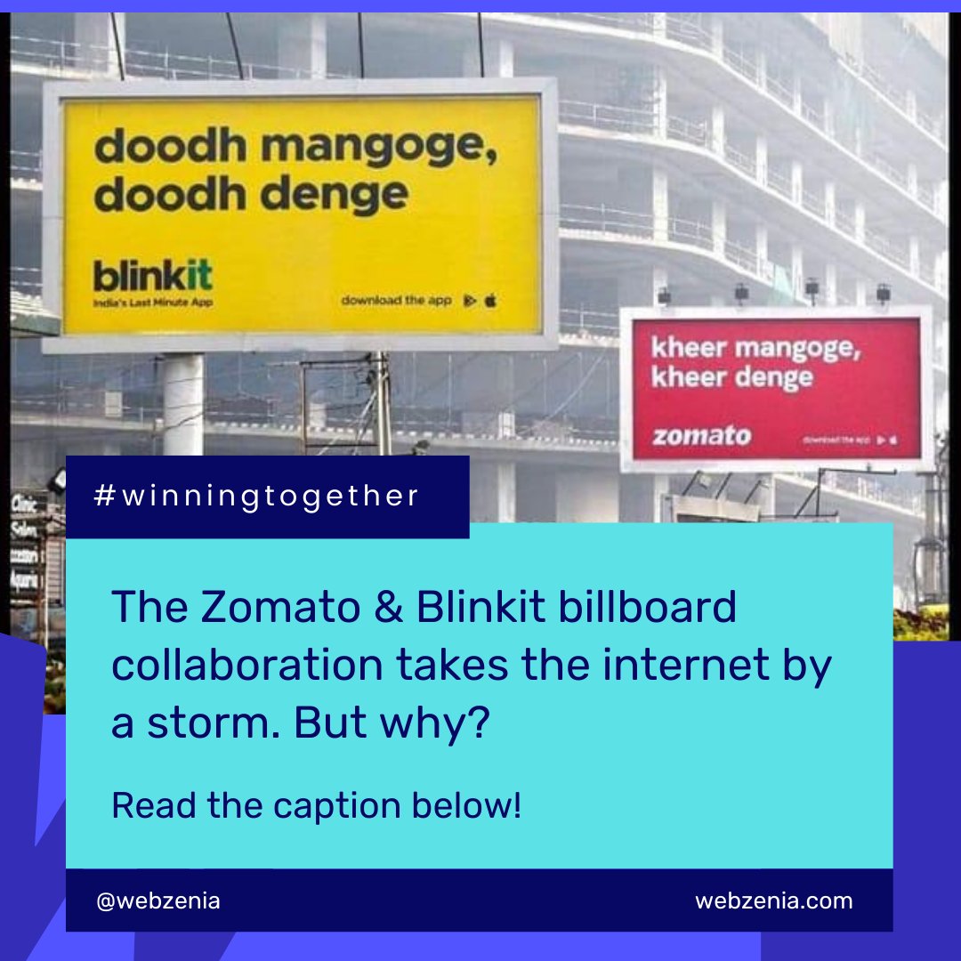 webzeniacom's tweet photo. Inspired by the famous dialogue from the movie, Maa Tujhe Salaam, ‘tum doodh mangoge hum kheer denge’ (if you ask for milk, we’ll give you custard), Zomato &amp; Blinkit initiated a collaboration that triggers feeling of nostalgia amongst Millennials

#Zomato #Blinkit #collaboration https://t.co/XKtXA3AXEj