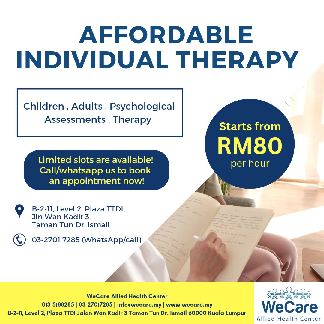 WeCareAHC's tweet photo. WeCare Allied Health Center TTDI is offering affordable mental health services for children and adults rate starting from ONLY RM80 per hour

For more information or to make an appointment, contact our WhatsApp or call 013-518 8285 or 03-2701 7285.

Terms and conditions applies. https://t.co/uMUb8JfL0Q