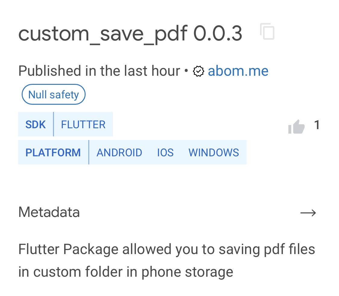 abom_me's tweet image. I published new package:
custom_save_pdf,
—————
It’s allowed you to saving pdf files in custom folder in the phone storage
————-
It have : 140 PUB Points
pub.dev/packages/custo…