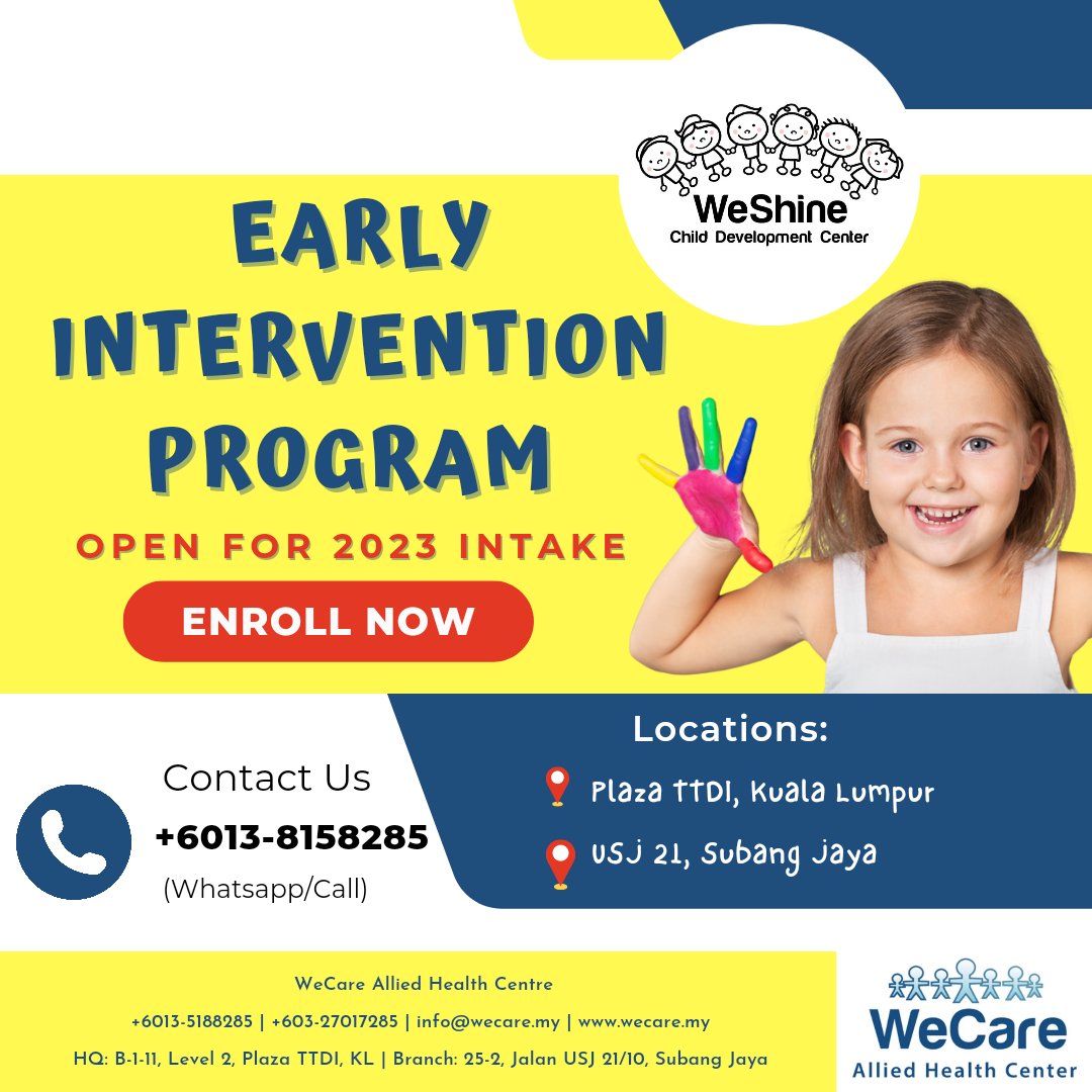 WeCareAHC's tweet photo. WeShine Child Development Center by WeCare Allied Health Center are open for 2023 EIP registration! ☺️

For more information or to make an appointment, you can send a WhatsApp or call 013-518 8285 or 03-2701 7285. https://t.co/SU7EQYgriN