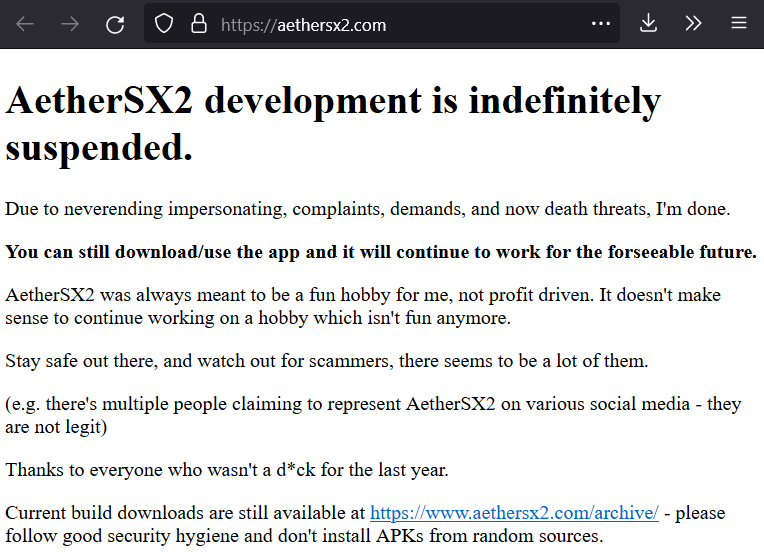PlaymenID's tweet photo. Kabar duka di dunia emulator.

Developer AetherSX2 memutuskan untuk berhenti ngembangin program emulator PS 2 nya.

Alasannya karena dapet begitu banyak komplen ngeselin sampe ancaman pembunuhan dari para penggunanya. Parah. https://t.co/iXtWwDOx6c