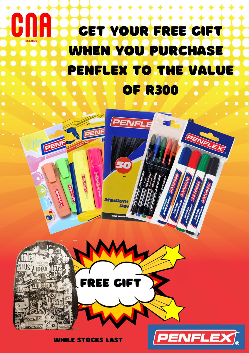 Visit your nearest CNA store and get a free gift when you purchase any Penflex items to the value of the R300.

*Available in-store only. While stocks last

Valid until 31 January 2023.
