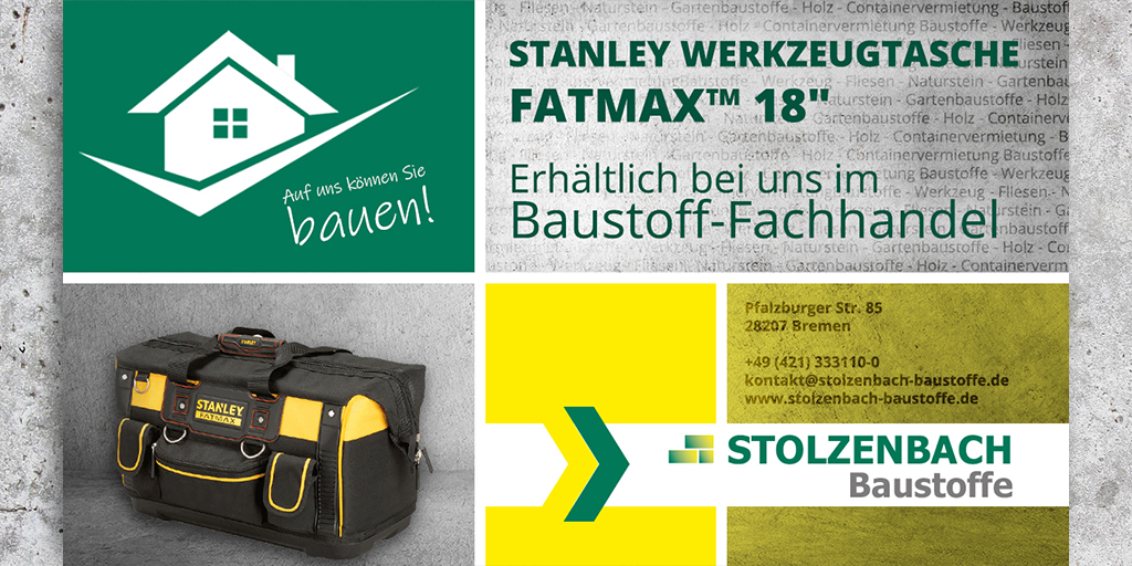 STANLEY WERKZEUGTASCHE FATMAX™ 18" 💪
Abmessungen in cm: 50 X 30 x 29 | 👉 Bei uns im Baustoff-Fachhandel erhältlich!

#stanley #werkzeug #werkzeugtasche #toolbag #AufUnsKönnenSieBauen