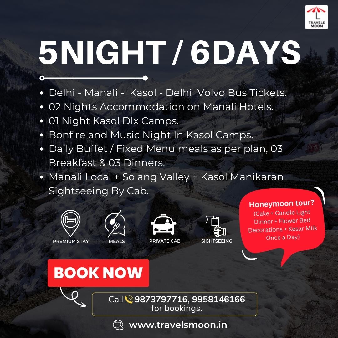 TravelsMoon's tweet photo. If you're looking for an #adventure-filled vacation, look no further than #Manali and #KasolVolvo bus tour package.

This package includes 5 nights &amp; 6 days in #ManaliandKasol. 
Highlights: 👇
✅5 Nights/ 6 Days.
✅Volvo Bus Ticket.
✅Premium Stay.
✅Kasol Deluxe Camps.
&amp; more.👇 https://t.co/0E9sOHLnXg