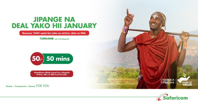 SafaricomPLC's tweet photo. Jipange January isikupate wrong side! Bonyeza *444# ujichagulie bei yako ya airtime, data na SMS. #ChanukiaTunukiwa