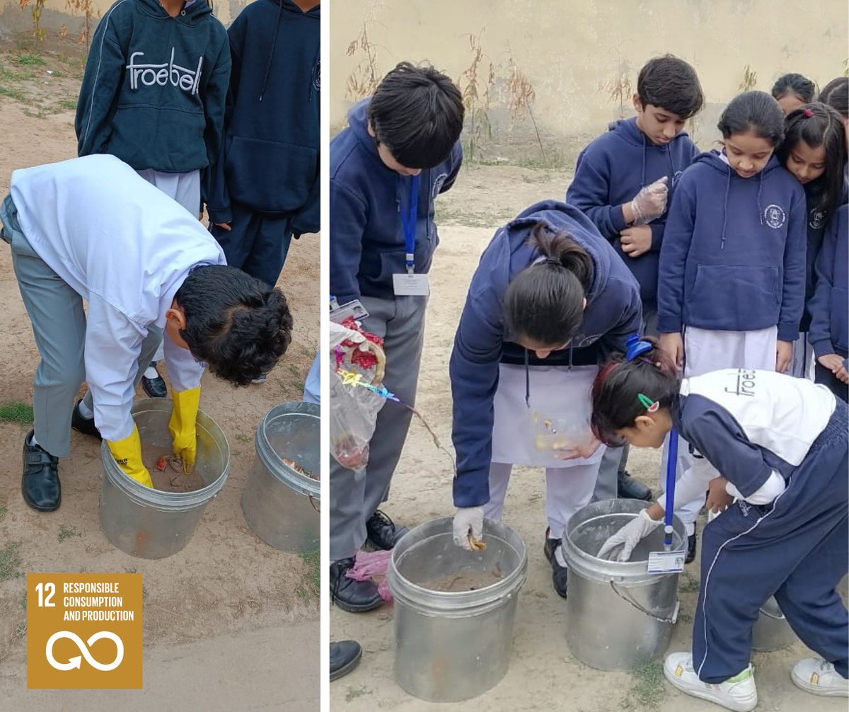 Froebels's tweet photo. As part of our UN SDG-12, Responsible Consumption and Production, Years 4 and 5 worked to create compost to use as organic fertiliser and to help reduce carbon and greenhouse gas emissions. 
#Froebels @SDG2030 https://t.co/we0MRUJ4M8