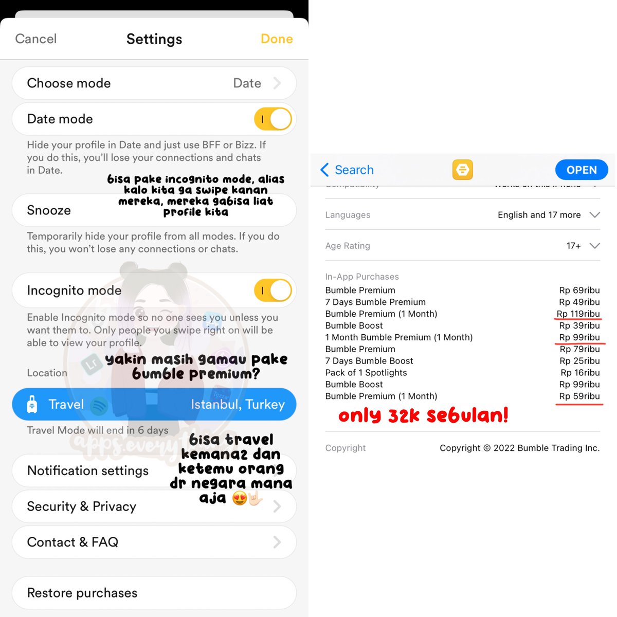 apps_everything's tweet photo. 🐝 BUMBLE PREMIUM 1 BULAN 🐝
only Rp 32.000

— berlaku s/d 4 januari 2023
— for iOS user only
— bisa pake travel mode
— bisa pake incognito mode
— unlimited swipe
— bisa liat siapa aja yg swipe kanan kita
etc.

🟢 100% LEGAL alias download langsung di appstore (bukan mod app) 🟢 https://t.co/pJApFYVX4f