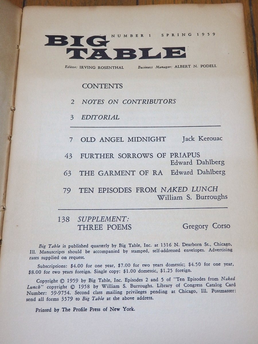 kosho_tukushi's tweet image. ビート文学の伝説的雑誌『Big Table』創刊号〜４号

バロウズ、ケルアック、ブルトン、ギンズバーグ、ノーマン・メイラー他 

「裸のランチ」

page.auctions.yahoo.co.jp/jp/auction/o10…

#ビート文学 #BigTable #バロウズ #ケルアック #ブルトン #ギンズバーグ #ノーマン・メイラー #裸のランチ