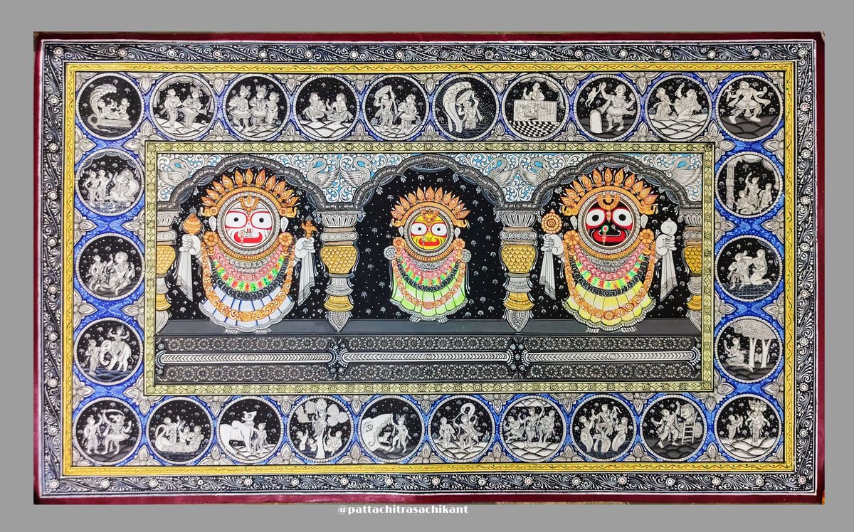 ISachikant's tweet photo. Here is my first pattachitra painting of this year.
Beautiful krishna story with Golden incarnation of lord Jagannath.
Painted on handmade canvas with using natural Stone colors.
Size-3/2 ft.
Dm for ORDERS 📩
#artists #crafts #paintings #jagannathpainting #firstpainting #art https://t.co/cFVHVbgLaY