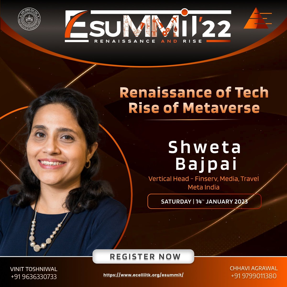 The latest buzzword Metaverse is clearly the most anticipated technology evolution of the coming decade.

Join in on 'Renaissance of Tech, Rise of Metaverse' with Ms. Shweta Bajpai from Meta India.

ecelliitk.org/esummit
#ecelliitk #ecell_iitk #iitkanpur #meta #metaverse