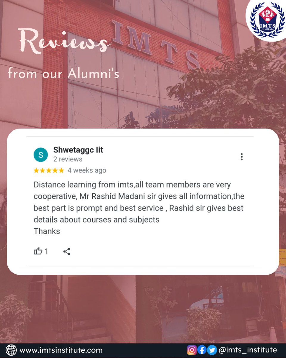 IMTSINSTITUTE's tweet photo. Review from our one of Alumni on Google. Website link in bio -
Follow us for more- @IMTSINSTITUTE
#Testimonial #Review #Feedback #Servicefeedback #Studentsreview #IMTSReview #IMTSINSTITUTE
#Educationalplatform #Onlinelearningplatform https://t.co/ojvmergTfX