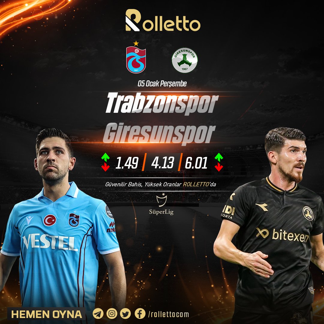 🇹🇷 Süper Lig | Trabzonspor - Giresunspor
⏰ Bugün, 20:00

Yüksek oranlarda bahis yap 👉 cutt.ly/4NDEfFo
Maçı canlı izle 📺 rollettotv12.com

#TSvGRS  #BugünGünlerdenTrabzonspor