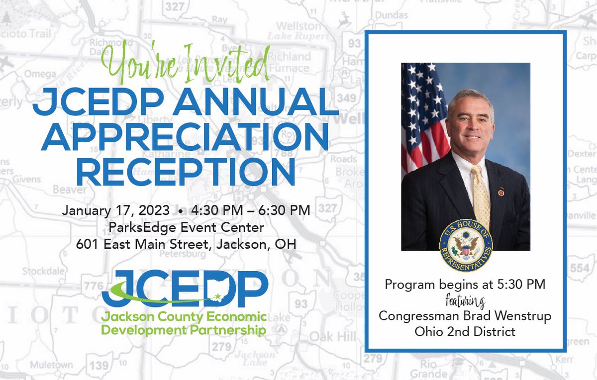 JacksonCountyOH's tweet photo. Join us 1/17/23 for our Annual Appreciation Reception honoring our stakeholders. The event will feature updates from our CEO @SamBradyOH &amp; remarks from @JobsOhio’s @TimDerickson &amp; Congressman @bradwenstrup (OH 2). RSVP AmandaWilliams@JacksonCountyOhio.com if you plan to attend. https://t.co/yWzqqF8FgC