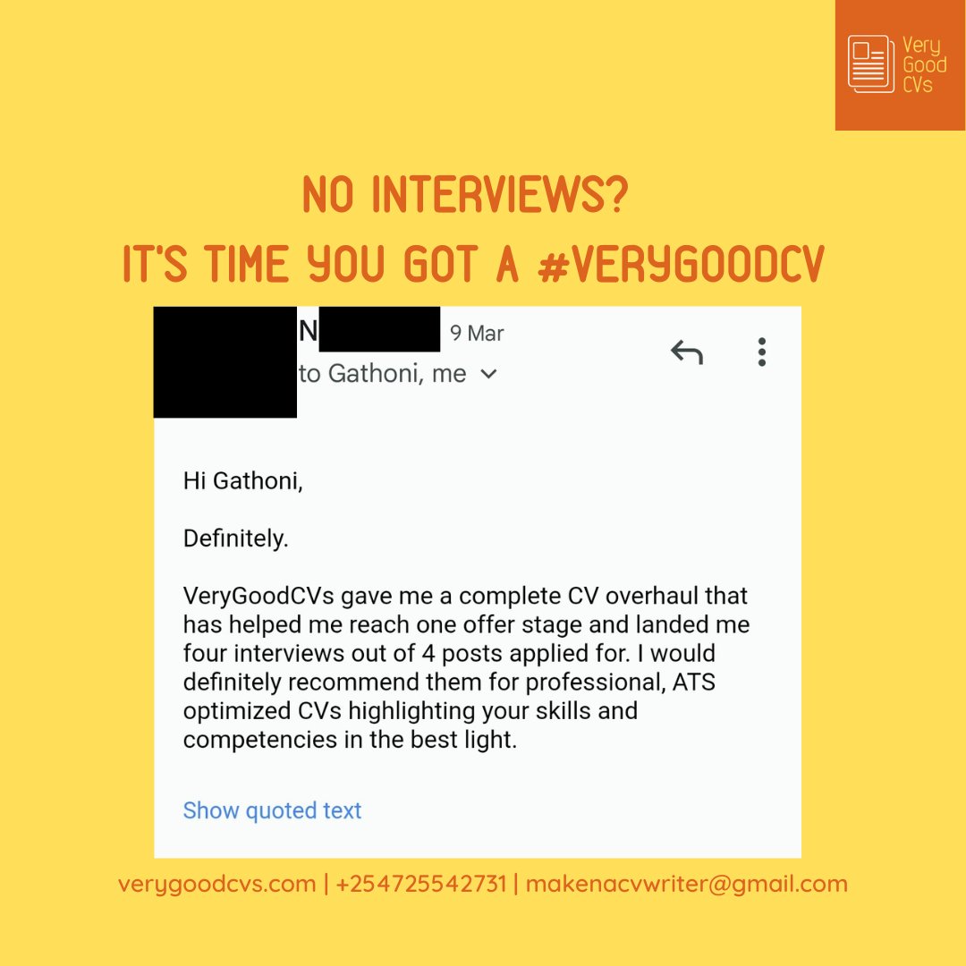 Have you been #jobseeking for more than 3 months and not getting interviews?

Our #CVs, #Coverletters and #Linkedinprofiles are killing it for our clients. Check out their testimonials! Get our help by filling out and submitting our order form at forms.gle/wn1L9Z6ZQrArVL…