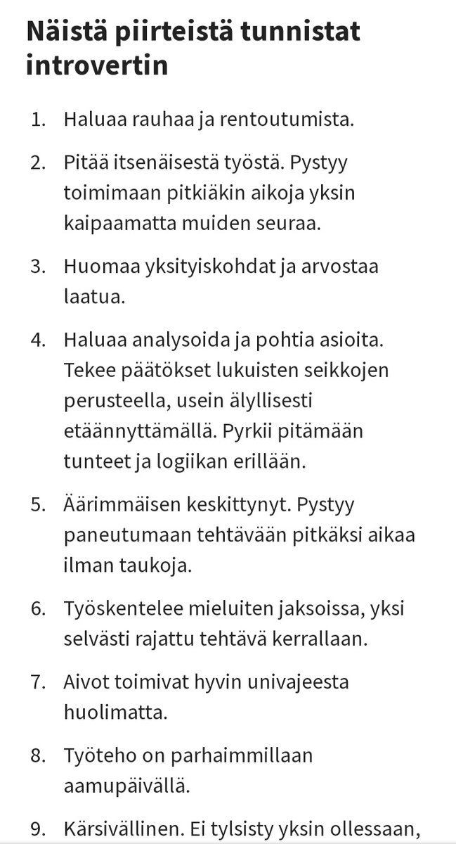KantolaTiina's tweet photo. Tunnistan itsessäni jokaisen kohdan #introvertti https://t.co/jR0MS3lfy5
