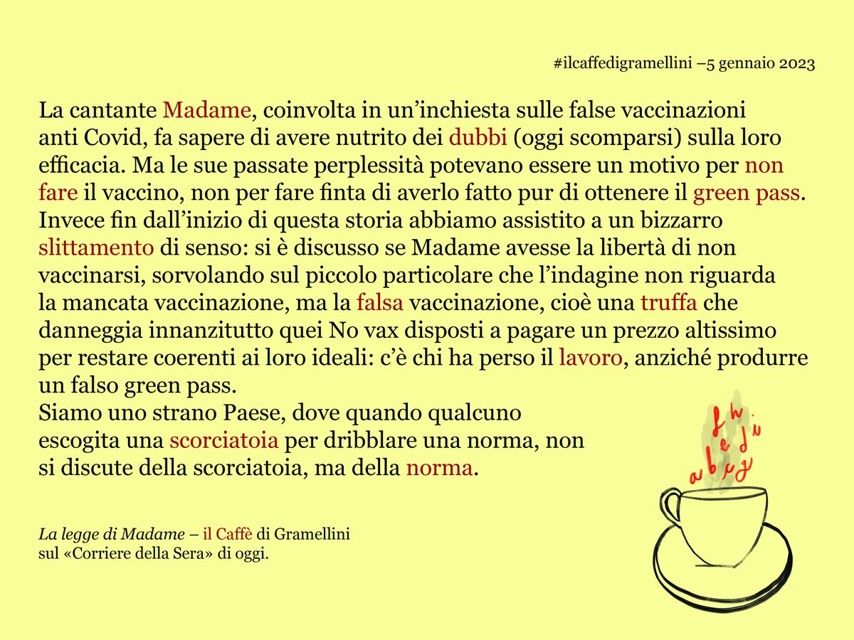 «La legge di Madame»: #ilcaffedigramellini sul <a href="/Corriere/">Corriere della Sera</a> di #giovedì #5gennaio.
corriere.it/caffe-gramelli…