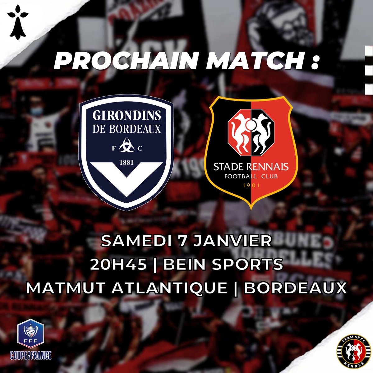 team_srfc's tweet photo. #ProchainMatch
๐ Les #RougeEtNoir dรฉbuteront leur campagne de Coupe de France ce samedi ร 20h45 sur la pelouse des Girondins de Bordeaux au Matmut Atlantique ! ๐ช๐ฅ Ce match comptant pour les 32รจmes de finale de la compรฉtition sera diffusรฉ sur BeIN Sports. https://t.co/5DcbBlJT8X