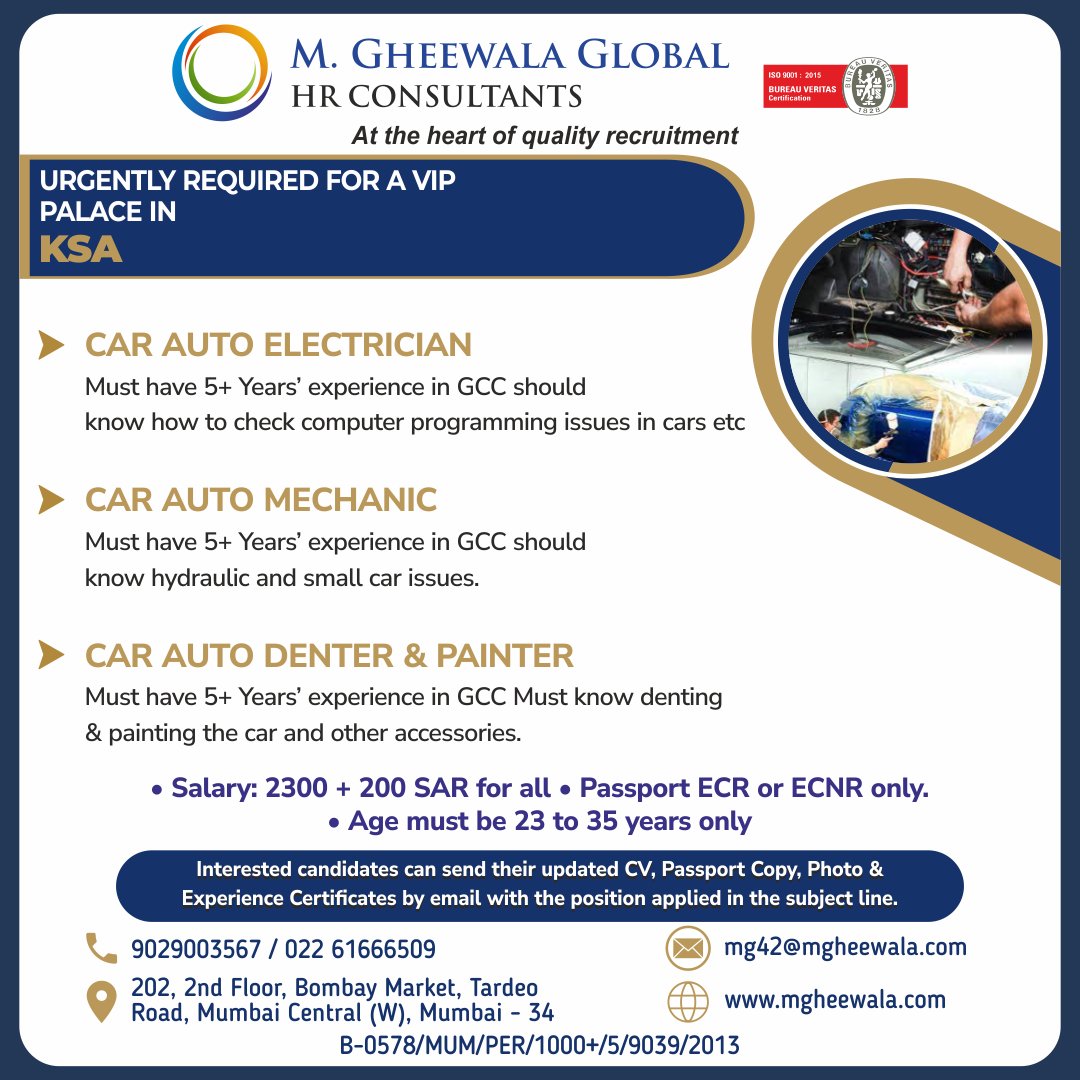 mgheewala_hrc's tweet photo. Job Vacancies for #Saudiarabia

Interested Candidates can send the updated resume to mg42@mgheewala.com

Learn More https://t.co/Ps4bxv2mB1

#saudijobs #autoelectrician #automechanic #autodenter #autopainter #carelectrician #gccexperience #middleeastjobs https://t.co/Yay5zDEJiZ