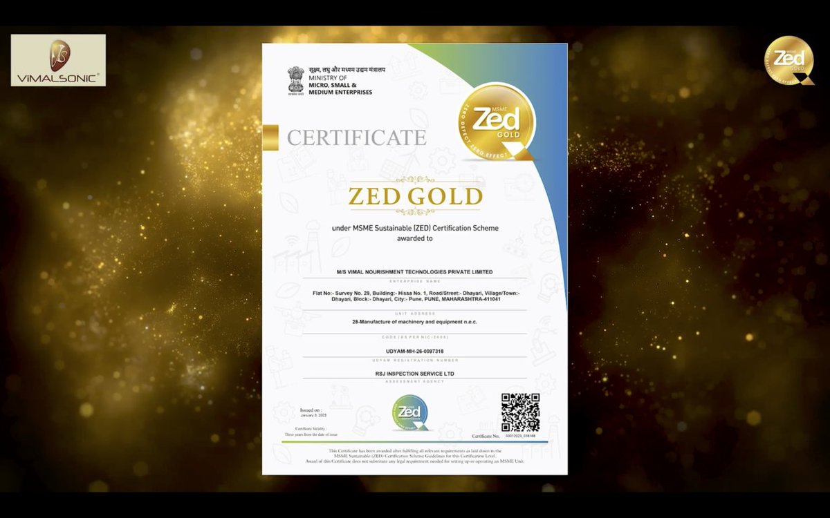 RAHUL3122's tweet photo. #ZED GOLD certification from the MSME Ministry is a testament to our commitment to excellence in production, design, quality, safety, environment, energy, management Zero Defect, and Zero Effect manufacturing. #vimalsonic @minmsme #india @QualityCouncil https://t.co/I9Xc9DmCJQ https://t.co/5cLJ7yUTlX