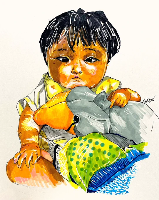 年明けから筆の進みが悪く、気分を変えた方がいいのかなぁと思って我が子を描いてみました。(ハシビロコウぬいぐるみが気になりますよね、この絵…)#絵 #スケッチ #絵描きさんと繫がりたい 